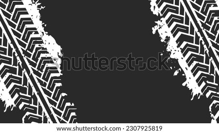 Black tire marks on a white background with a worn effect and splashes of dirt. Vector isolated texture .Tire tracks background for rally, drift, motocross, off-road and other auto and motorsport. 