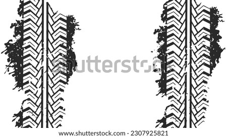 Black tire marks on a white background with a worn effect and splashes of dirt. Vector isolated texture .Tire tracks background for rally, drift, motocross, off-road and other auto and motorsport. 