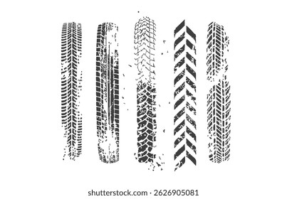 Black tire print silhouette isolated on a white background. Bold rubber texture design ideal for automotive, racing, or grunge-themed visual elements.