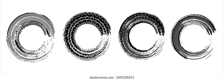 Black tire sign pattern isolated on white background with clipping path, burned and damaged tire texture for graphic design, choice of damaged or burned tires, vector illustrationoan.