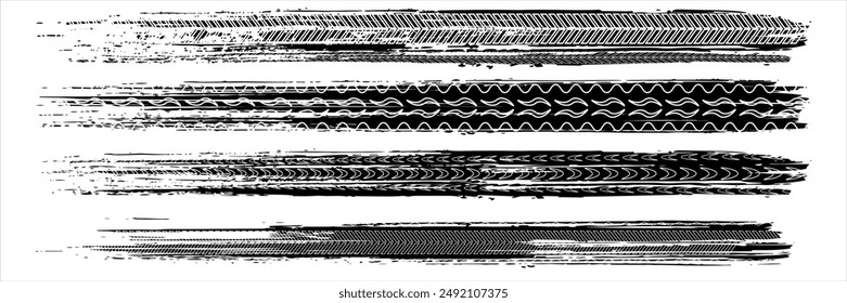 Black tire sign pattern isolated on white background with clipping path, burnt and broken tire texture for graphic design. modern.	
