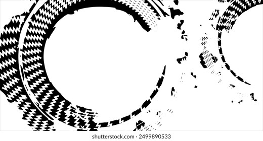 Black tire sign pattern isolated on white background with clipping path, burnt and broken tire texture for graphic design. modern.	