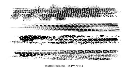 Schwarzes Reifenzeichen-Muster einzeln auf weißem Hintergrund mit Beschneidungspfad, verbrannte und gebrochene Reifenstruktur für Grafikdesign. modern.	