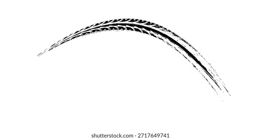 Schwarzes Reifenzeichen-Muster einzeln auf weißem Hintergrund mit Beschneidungspfad, verbrannte und gebrochene Reifenstruktur für Grafikdesign. modern.	
