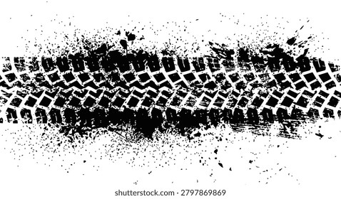 A black tire track mark with splatters and smudges, creating a grungy texture on a clean white background, perfect for design and artistic projects.