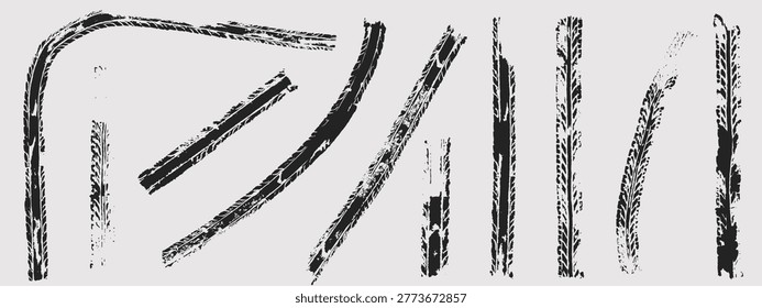 Black tire track marks isolated on white background. Curve racing tread pattern realistic vector illustration set. Car or motorcycle wheel skid traces texture