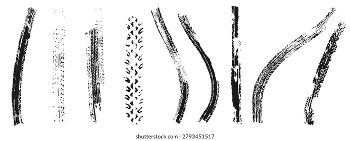 Black tire track marks isolated on white background. Curve racing tread pattern realistic vector illustration set. Car or motorcycle wheel skid traces texture