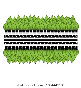 Black tire track silhouette with green leaver isolated on white background