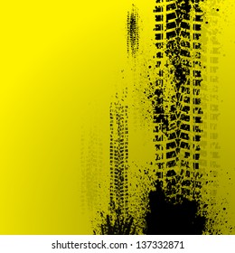 Black tire track. Tire track silhouette. Grunge tire track. Tire track isolated on yellow. Background with tire track. Tire track with ink blots. Tire track road. Splatter tire track wallpaper