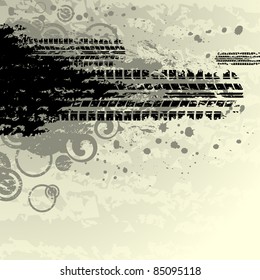 Black tire track. Tire track silhouette. Grunge tire track. Tire track isolated on yellow. Background with tire track. Tire track with ink blots. Tire track road. Splatter tire track wallpaper