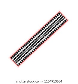 Black tire track silhouette with red dotted outline isolated on white background