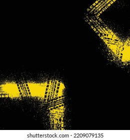 Black tire track silhouettes with ink blots yellow frames isolated on black background