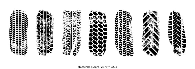 Black tire tracks. Car, bike, motorcycle tyre marks with grunge effect set isolated on white background. Collection of different wheels footprints on the road. Top view of rubber protector marks.