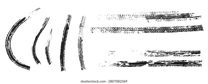 Black tire tracks set isolated on white background. Vector realistic illustration of race car, motorcycle, bicycle or truck breaking marks, abstract wheel tread pattern, racing vehicle speed effect