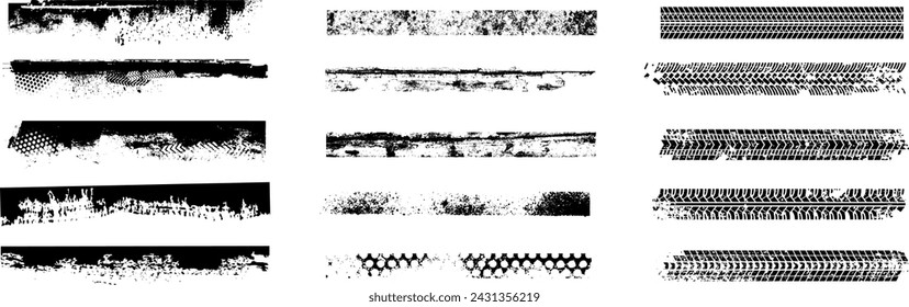 Black tire tracks and tyre prints pattern on white background. Drag racing, drift, rally, motocross, off-road and other. Vector black isolated texture 