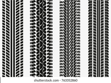 Black Tire Tracks Wheel Car or Transport Set on Road Texture Pattern for Automobile. Vector illustration of Track.