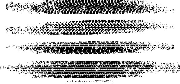 Black tire tread print with grunge effect set isolated on white background. Footprint of bike or car wheels with seamless texture. Top view of rubber protector marks on road. Vector brush.