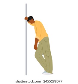 Black Tired Male Character Leaning Against A Wall. Man In Khaki Pants, Sneakers And Yellow Shirt With One Hand On His Knee And The Other On the Wall Surface. Cartoon People Vector Illustration