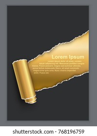 Black title page business template with diagonal torn piece of paper and gold copy space. Vector illustration.
