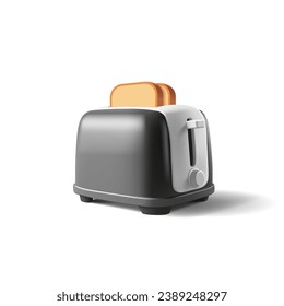 Black toaster 3D with toasted bread. Crispy hot bread with a modern toaster. The concept of home appliances for preparing breakfasts, and delicious sandwiches.