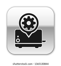 Black Toaster and gear icon isolated on white background. Adjusting app, service concept, setting options, maintenance, repair, fixing. Silver square button. Vector Illustration