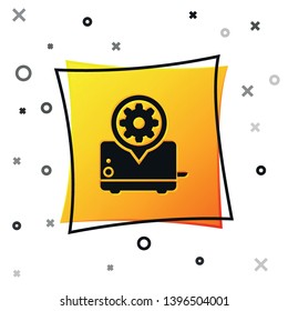 Black Toaster and gear icon isolated on white background. Adjusting app, service concept, setting options, maintenance, repair, fixing. Yellow square button. Vector Illustration
