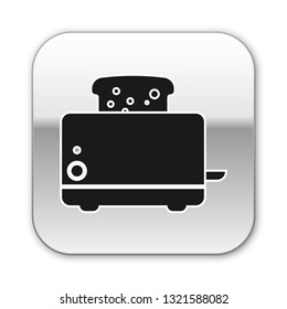 Black Toaster with toasts icon isolated on white background. Silver square button. Vector Illustration