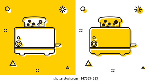 Black Toaster with toasts icon isolated on yellow and white background. Random dynamic shapes. Vector Illustration