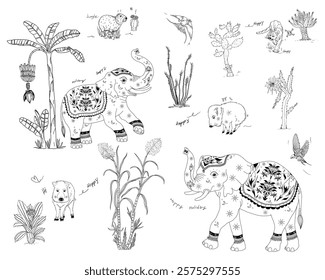 Black toile jungle animals fantasy seamless pattern. Jungle animals fantasy tree floral pattern wallpaper.