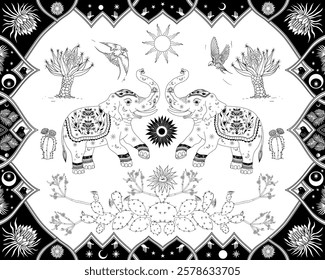 Black toile jungle animals fantasy seamless pattern. Jungle animals fantasy tree floral pattern wallpaper.