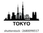 Black Tokyo skyline featuring Skytree, Tokyo Tower, bridge, pagoda, and Mount Fuji