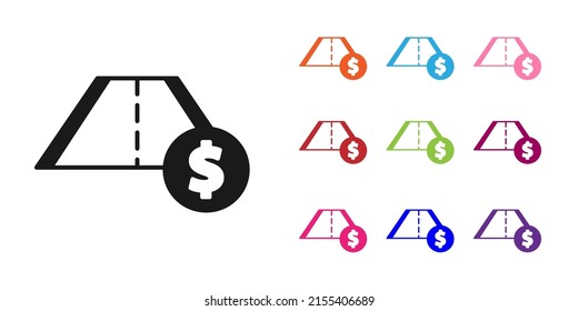 Black Toll road traffic sign. Signpost icon isolated on white background. Pointer symbol. Street information sign. Direction sign. Set icons colorful. Vector