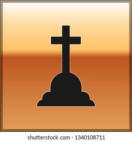 Black Tombstone with cross icon isolated on gold background. Grave icon. Vector Illustration