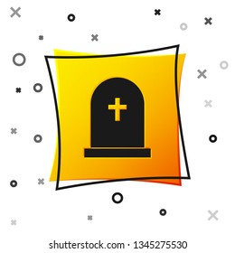 Black Tombstone with cross icon isolated on white background. Grave icon. Yellow square button. Vector Illustration
