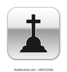 Black Tombstone with cross icon isolated on white background. Grave icon. Silver square button. Vector Illustration