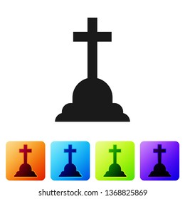 Black Tombstone with cross icon isolated on white background. Grave icon. Set icon in color square buttons. Vector Illustration