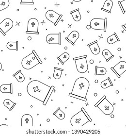 Black Tombstone with cross icon isolated seamless pattern on white background. Grave icon. Vector Illustration