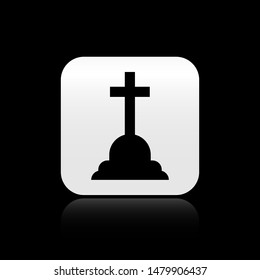 Black Tombstone with cross icon isolated on black background. Grave icon. square button. Vector Illustration