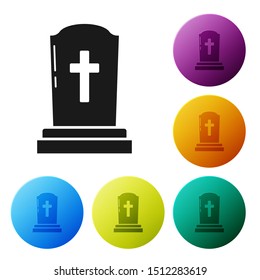 Black Tombstone with cross icon isolated on white background. Grave icon. Set icons colorful circle buttons. Vector Illustration