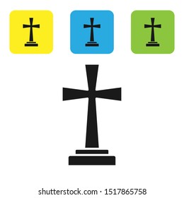Black Tombstone with cross icon isolated on white background. Grave icon. Set icons colorful square buttons. Vector Illustration
