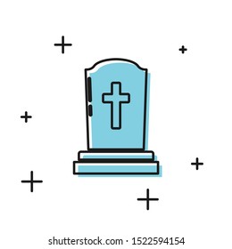 Black Tombstone with cross icon isolated on white background. Grave icon.  Vector Illustration