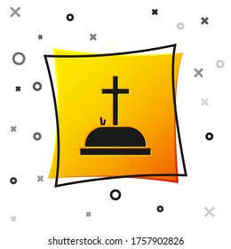 Black Tombstone with cross icon isolated on white background. Grave icon. Yellow square button. Vector Illustration