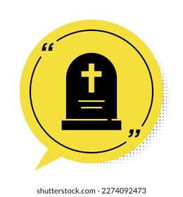 Black Tombstone with cross icon isolated on white background. Grave icon. Happy Halloween party. Yellow speech bubble symbol. Vector