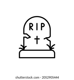 Black Tombstone on Grave with Text RIP Line Icon. Halloween Grave Outline Pictogram. Headstone with Cross and Text Rest in Peace Linear Icon. Editable Stroke. Isolated Vector Illustration.