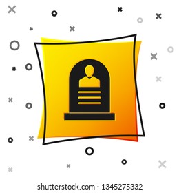 Black Tombstone with RIP written on it icon isolated on white background. Grave icon. Yellow square button. Vector Illustration