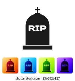 Black Tombstone with RIP written on it icon isolated on white background. Grave icon. Set icon in color square buttons. Vector Illustration