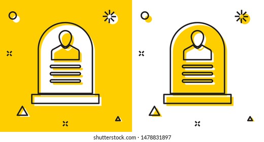 Black Tombstone with RIP written on it icon isolated on yellow and white background. Grave icon. Random dynamic shapes. Vector Illustration