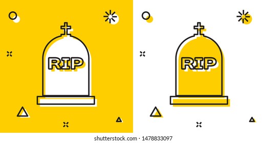 Black Tombstone with RIP written on it icon isolated on yellow and white background. Grave icon. Random dynamic shapes. Vector Illustration