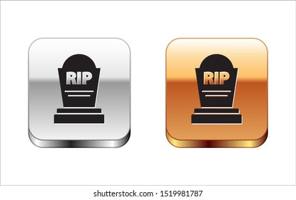 Black Tombstone with RIP written on it icon isolated on white background. Grave icon. Silver-gold square button. Vector Illustration