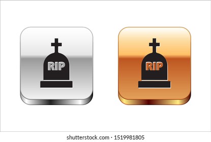 Black Tombstone with RIP written on it icon isolated on white background. Grave icon. Silver-gold square button. Vector Illustration